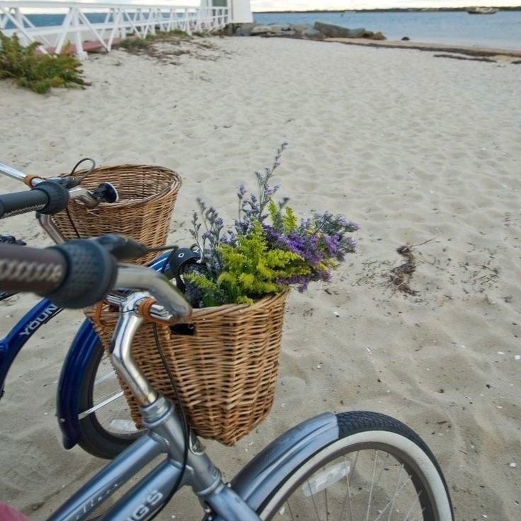 a bicycle parked on top of a beach next to a basket with flowers in it