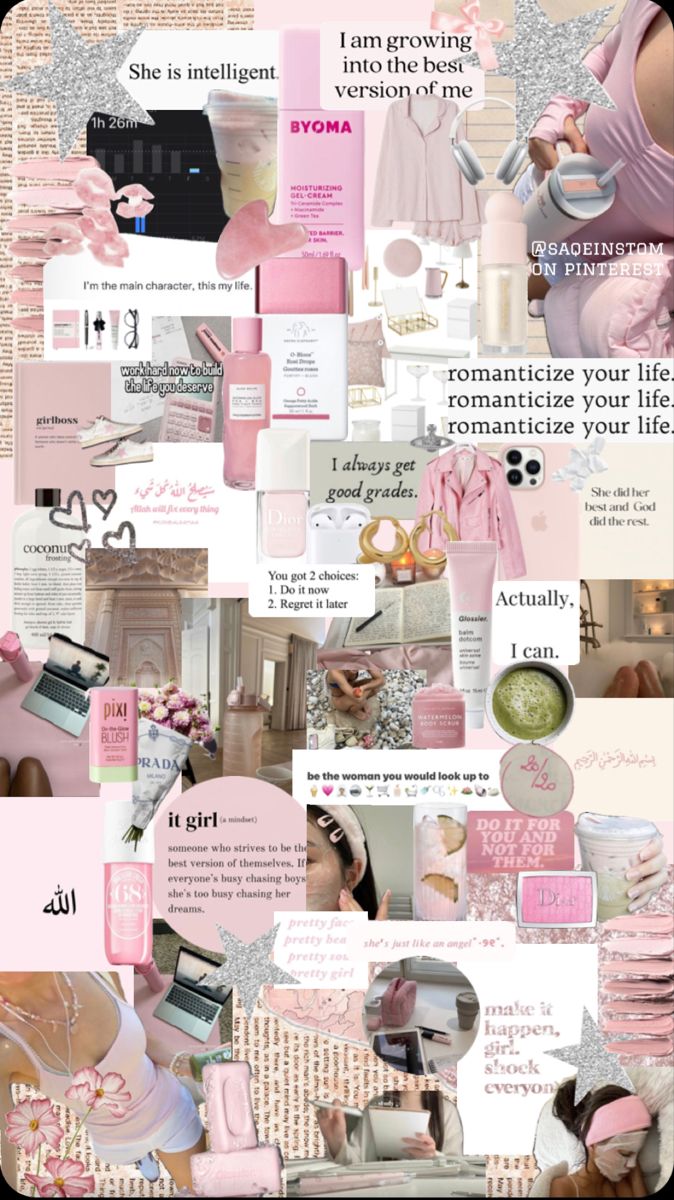 a collage of pink and white images