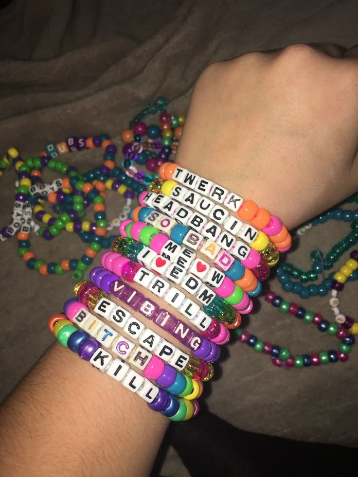 #Kandis #kandi #bracelets #rave Things To Put On Bracelets, Rave Bracelets Ideas, Bracelet Words Ideas, Bead Bracelet Words Ideas, Rave Bracelet, Bracelet Words, Kandi Bracelets Rave, Rave Candy, Kandi Rave