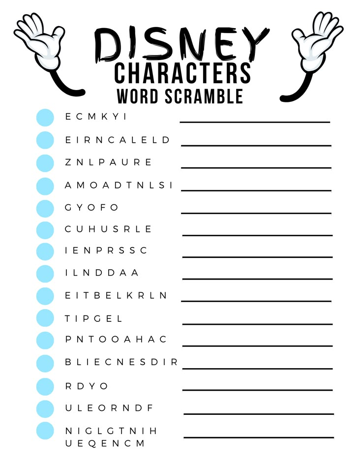 the disney characters word scramble is shown in black and white with blue dots on it