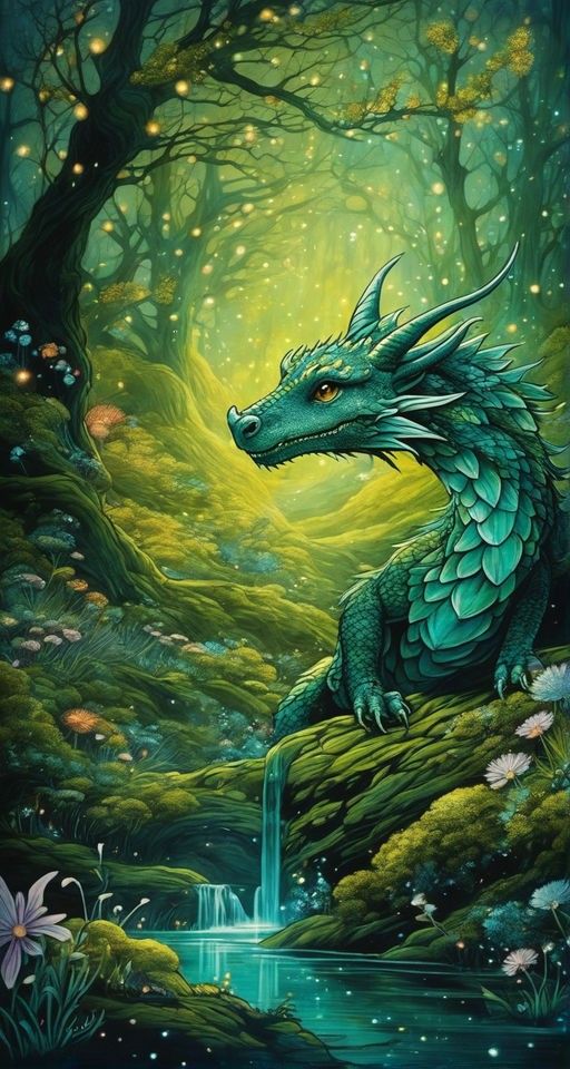 a painting of a green dragon sitting on top of a tree stump in the forest