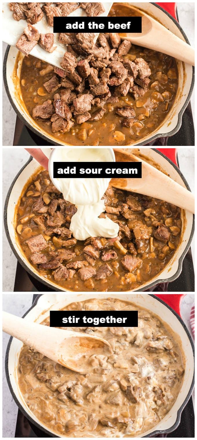 three pictures showing how to make beef stew