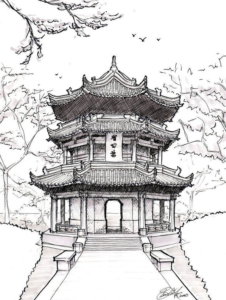 an ink drawing of a pagoda in the park