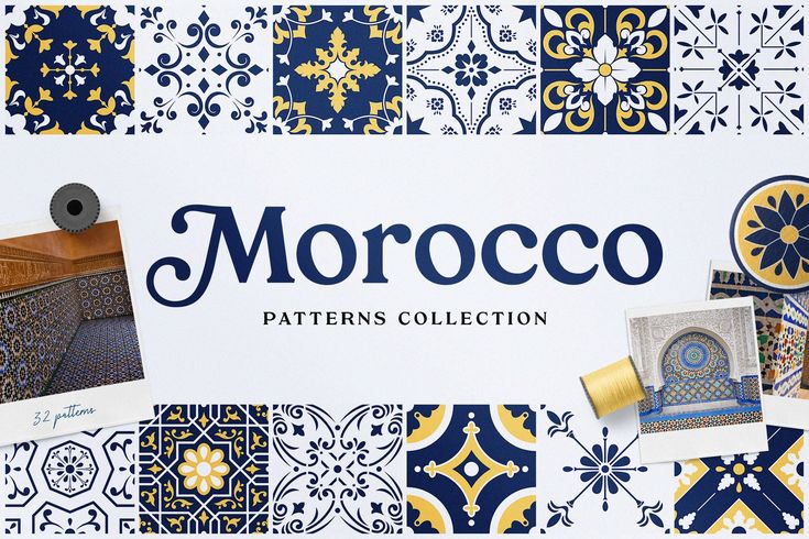 the morocco patterns collection is displayed on a white background with blue and yellow tilework