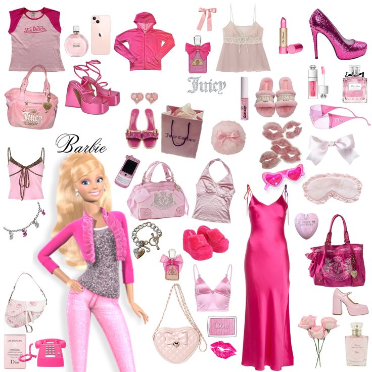 a barbie doll is surrounded by pink accessories