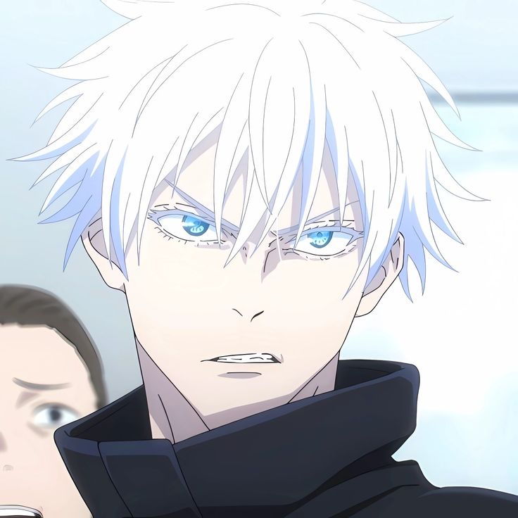 an anime character with white hair and blue eyes looking at the camera while another person looks on