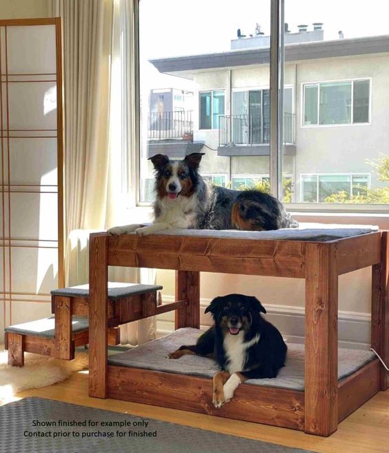 two dogs sitting on top of a wooden dog bed in front of a large window