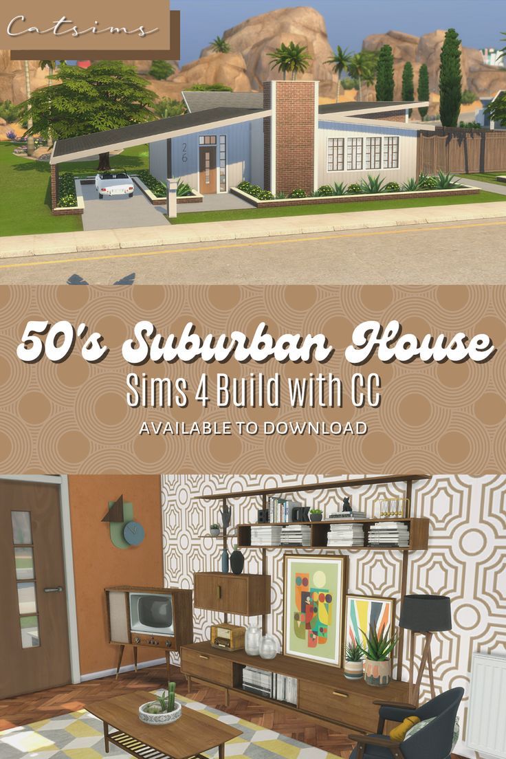 A cozy retro house with lots of mid-century modern pieces built in The Sims 4 with CC. Available to download! Only base game! Suburban House Sims 4, 1950 House, House Sims 4, 50s House, 50s Home, The Sims 4 Lots, Midcentury House, Retro House, Sims 4 House Building