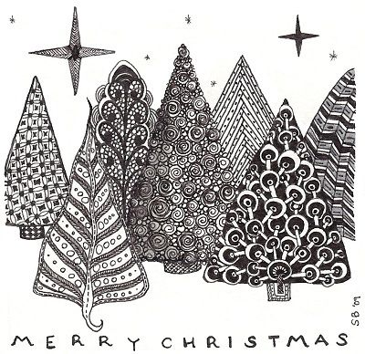 a black and white drawing of christmas trees