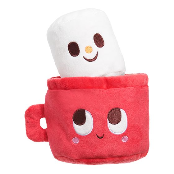 a red cup with two eyes and a marshmallow sticking out of it's side