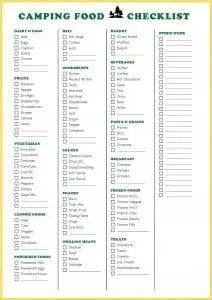 the camping food checklist is shown