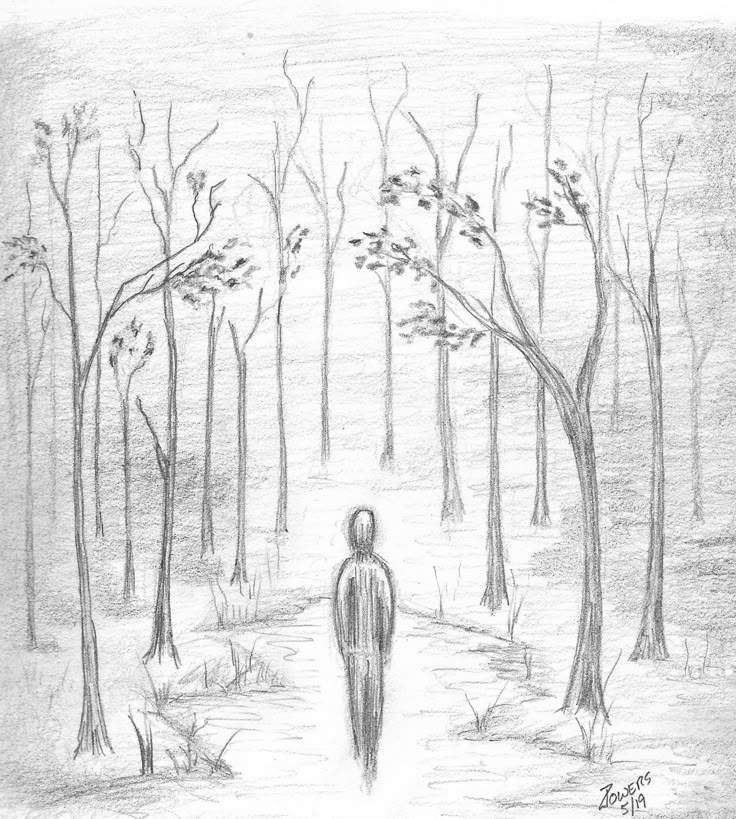 a pencil drawing of a person walking through the woods with trees in the foreground