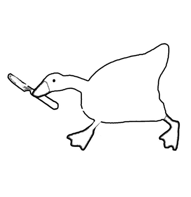 a black and white drawing of a duck with a knife in it's mouth