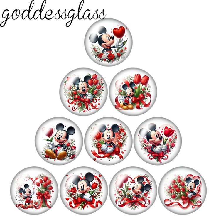 the mickey mouse christmas tree is decorated with red roses and hearts, while other disney characters are