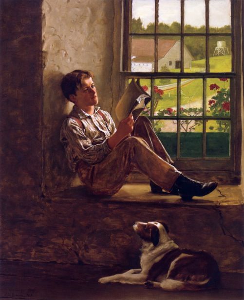 a painting of a man sitting on a window sill reading a book next to a dog