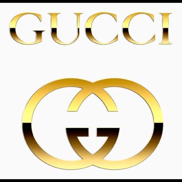 the logo for gucci is shown in gold and black on a white background,