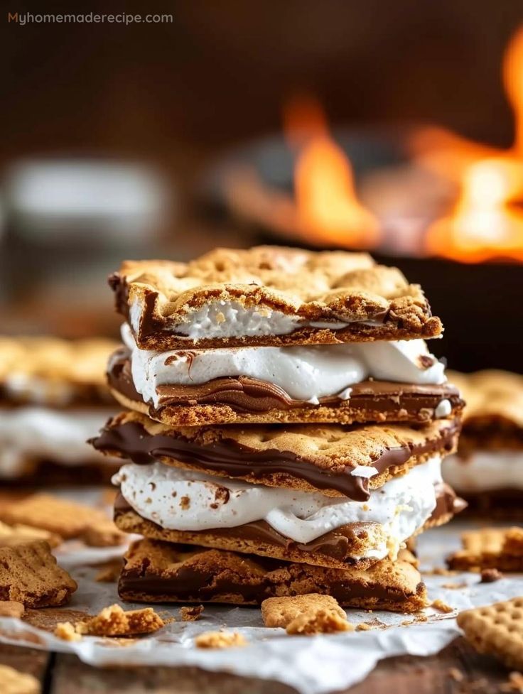 ice cream and graham crackers are stacked on top of each other in front of a fire