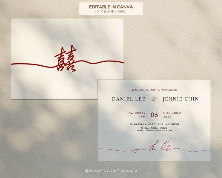 the wedding stationery is designed to look like it has chinese writing on it and red ink