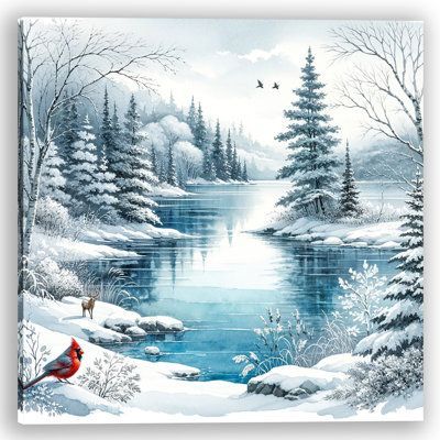 a painting of a winter scene with a river and birds