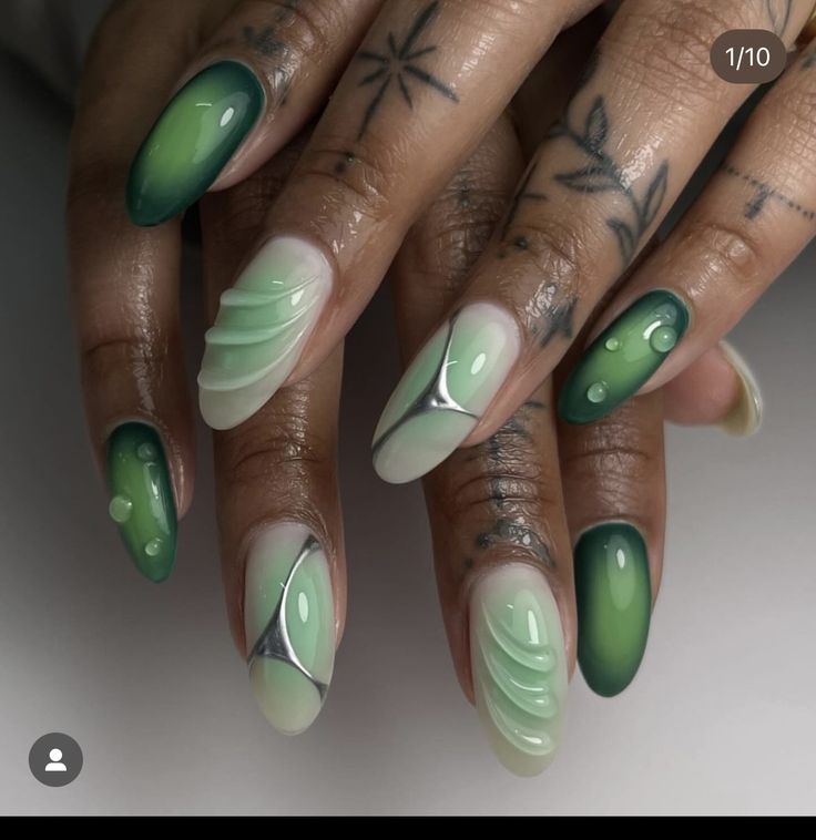 Green Summer Nails 2024, Gel X Summer Nails, Ombre Nails Green, Aura Nails Green, Water Drop Nails, Green Aura Nails, Drop Nails, Green Ombre Nails, Green Spring Nails