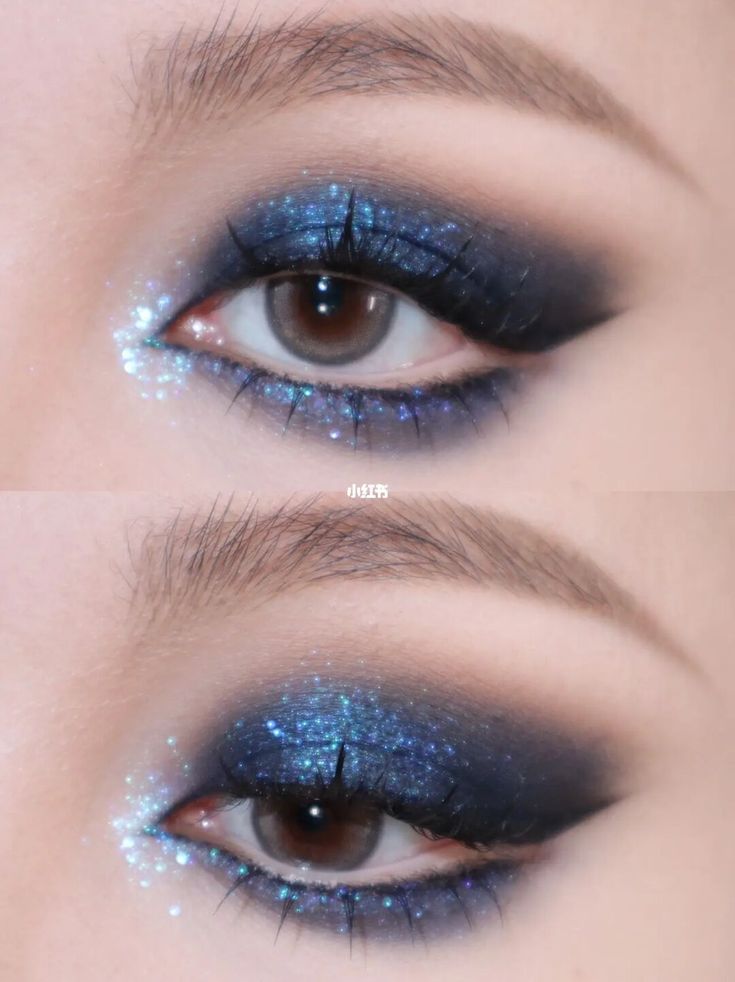 Eyeshadow look collection Blue Glam Eye Makeup, Midnight Blue Smokey Eye, Blue Sparkly Eyeshadow Looks, Dark Blue Glitter Eye Makeup, Dark Blue And Black Eyeshadow, Nighttime Eyeshadow Looks, Dark Blue And Silver Eyeshadow, Dark Blue Glitter Eyeshadow, Navy Blue Glitter Eye Makeup