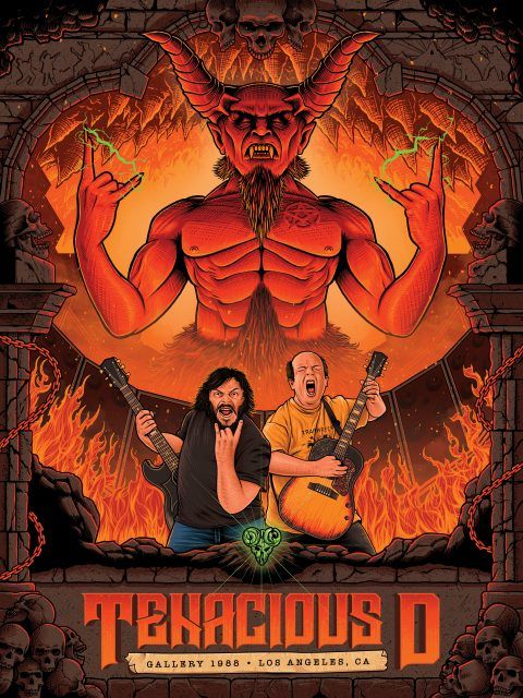 an image of two men playing guitars in front of a demonic demon