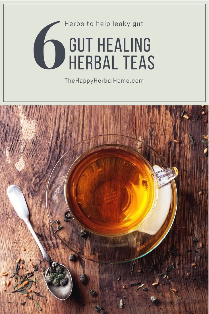 a cup of tea with the title 6 herbs to help heally guting herb teas