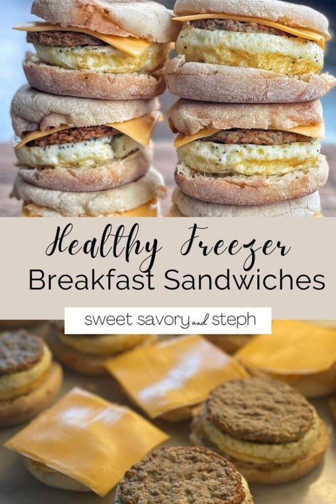 breakfast sandwiches are stacked on top of each other with the words healthy freezer breakfast sandwiches