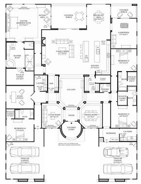 the floor plan for an office building with multiple rooms and two car garages on each side