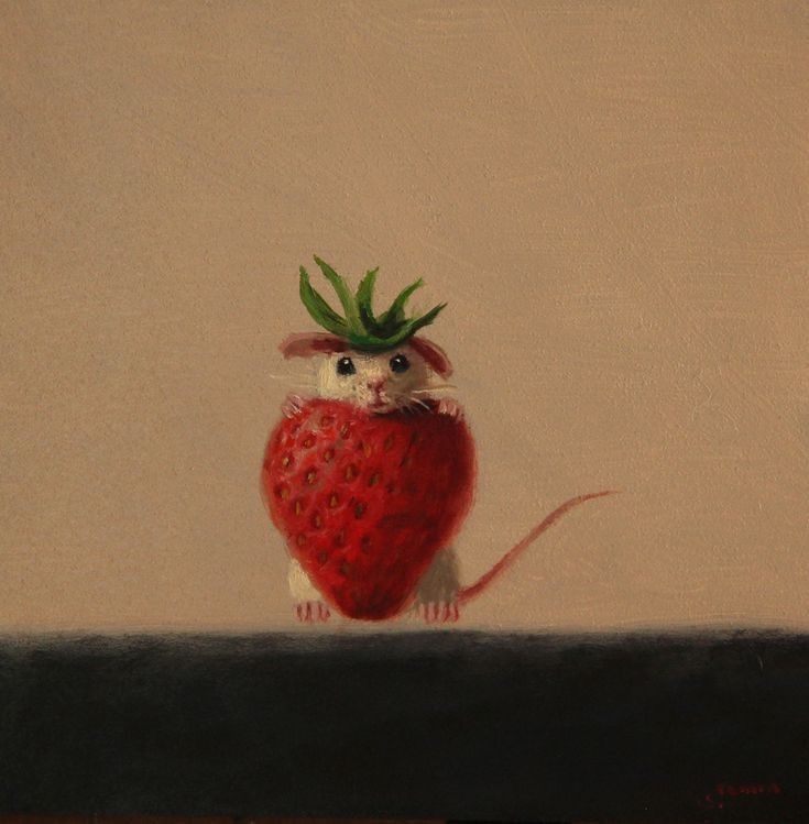 a painting of a mouse with a strawberry on its head