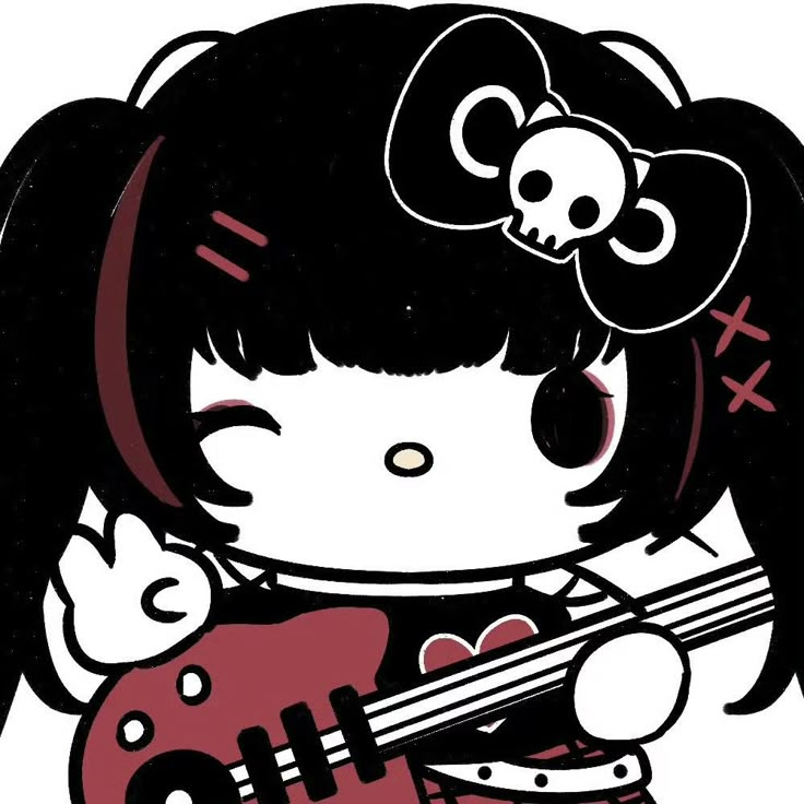 a drawing of a girl with a guitar and skull on her head, playing the guitar