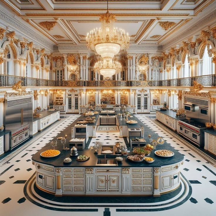 an elaborately decorated kitchen with chandeliers and marble counter tops