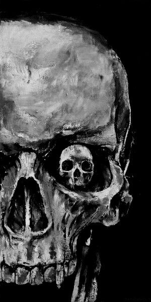 a black and white drawing of a skull