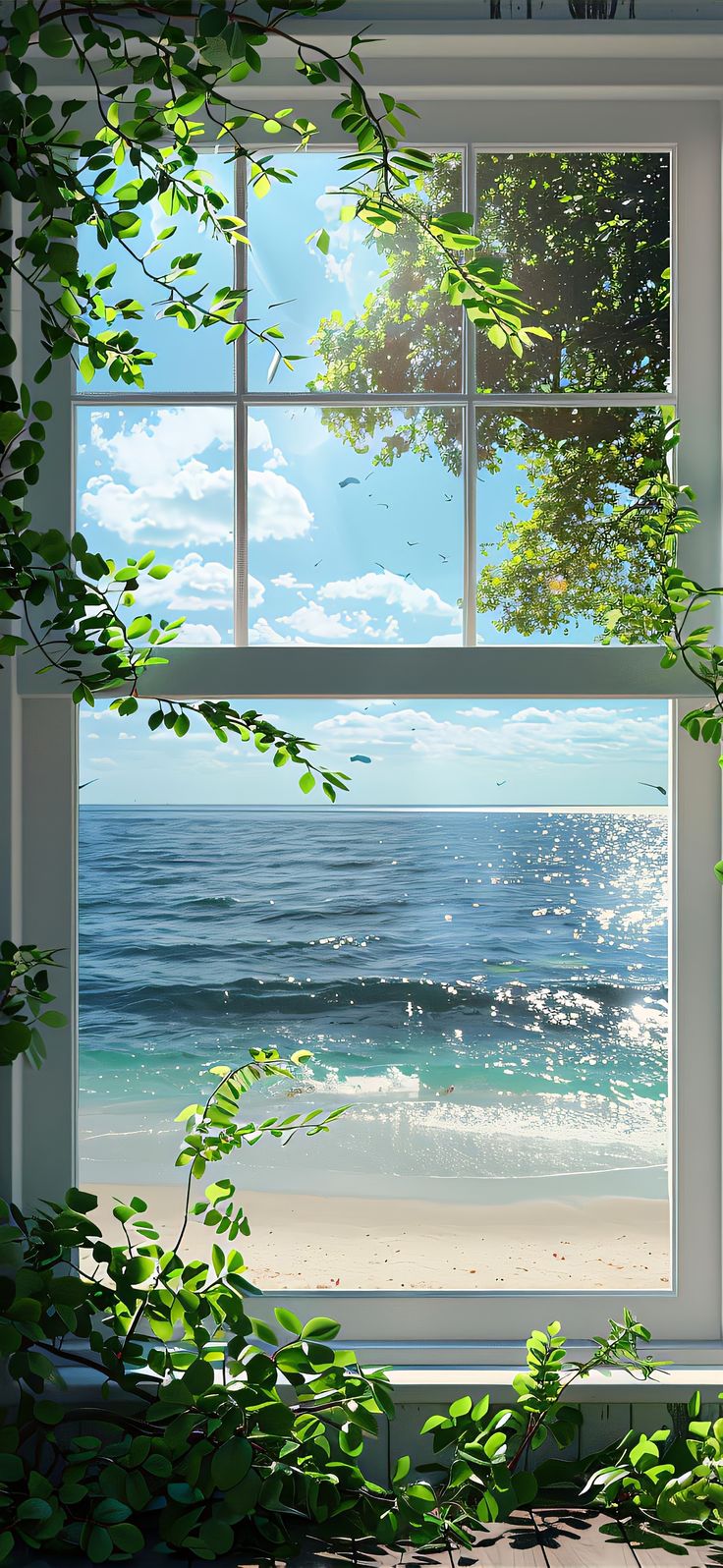 an open window overlooking the ocean with green plants growing out of it's sides