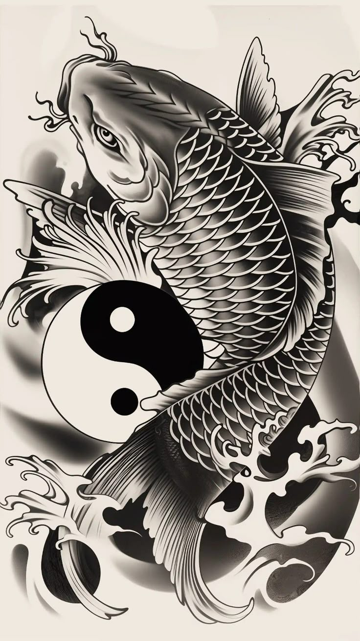 a black and white drawing of a koi fish