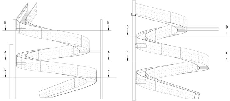 an architectural drawing of a spiral staircase with the top and bottom sections drawn in three different directions