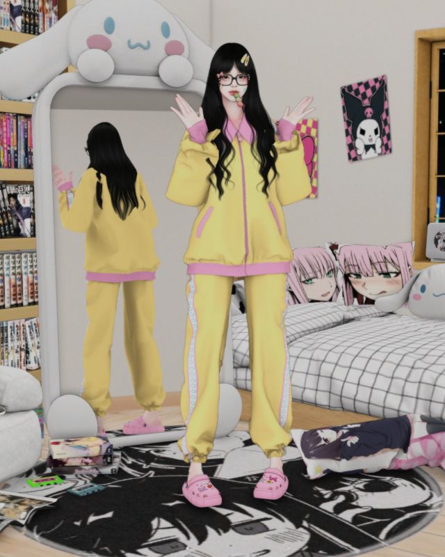 a woman in yellow pajamas standing on top of a rug next to a bed and bookshelf