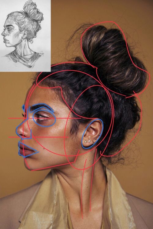 a drawing of a woman's face with red and blue lines on her head