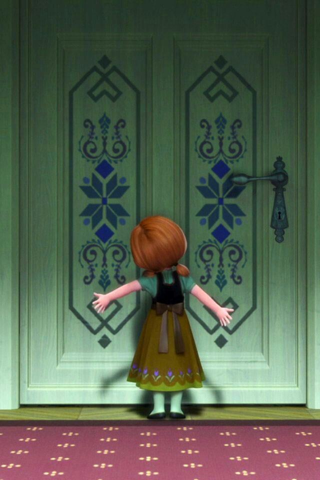 an animated character standing in front of a door