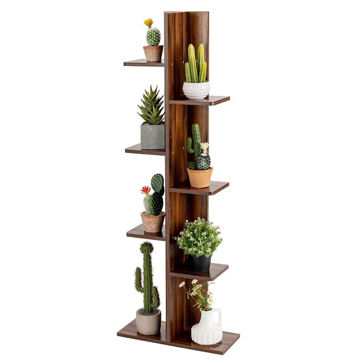 a tall wooden shelf filled with potted plants