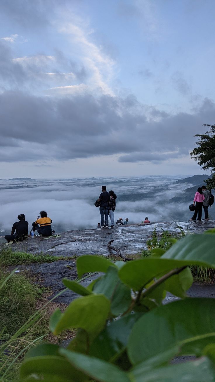 several people standing on the edge of a cliff with mist rolling in from the ocean