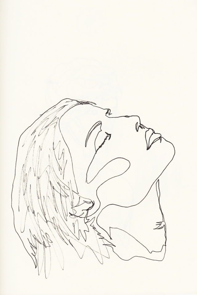 a black and white drawing of a woman's face with her hair blowing in the wind