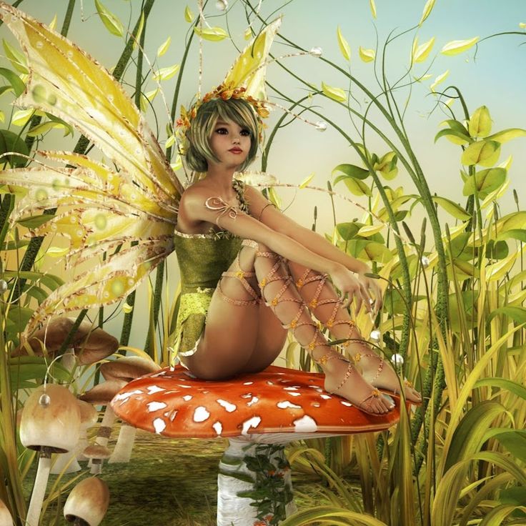 a woman dressed as a fairy sitting on a mushroom