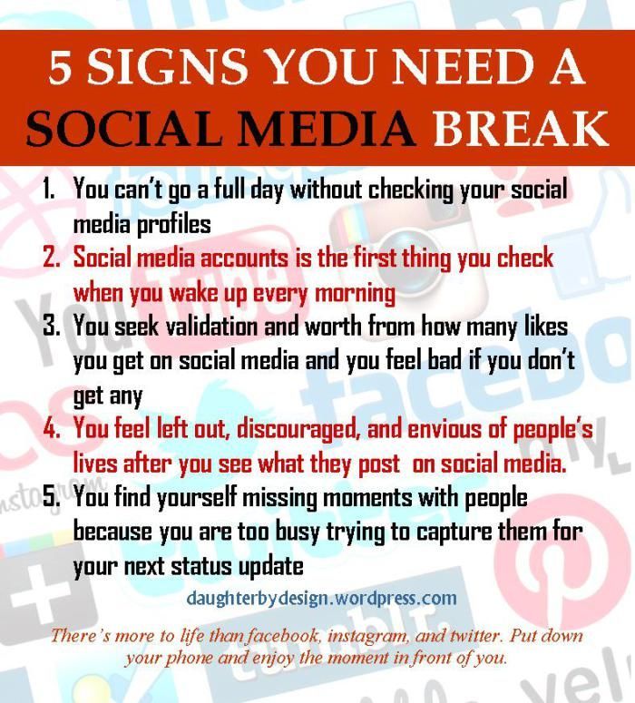 a sign that says 5 signs you need a social media break in red and white