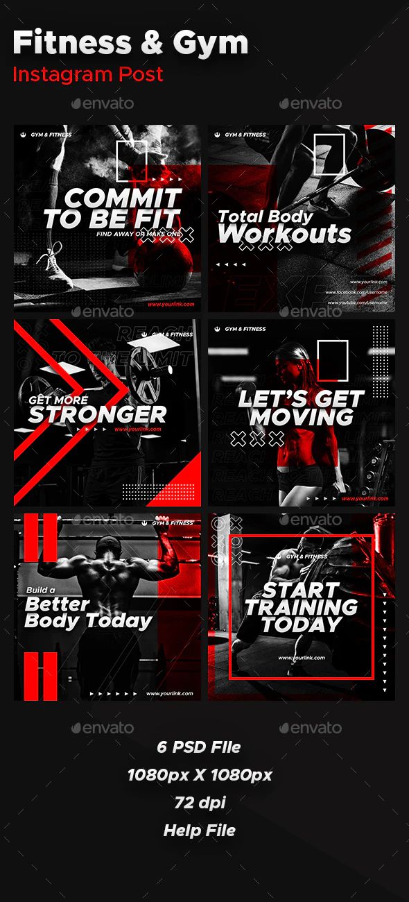 the gym flyer is shown in red and black