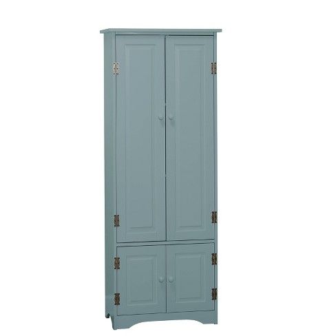 a tall blue cabinet with two doors