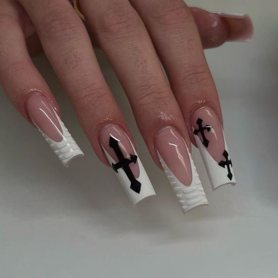 Cross Nails, Punk Nails, Edgy Nails, Beige Nails, Grunge Nails, Girly Acrylic Nails, Cute Nail, White French, Pink Acrylic Nails