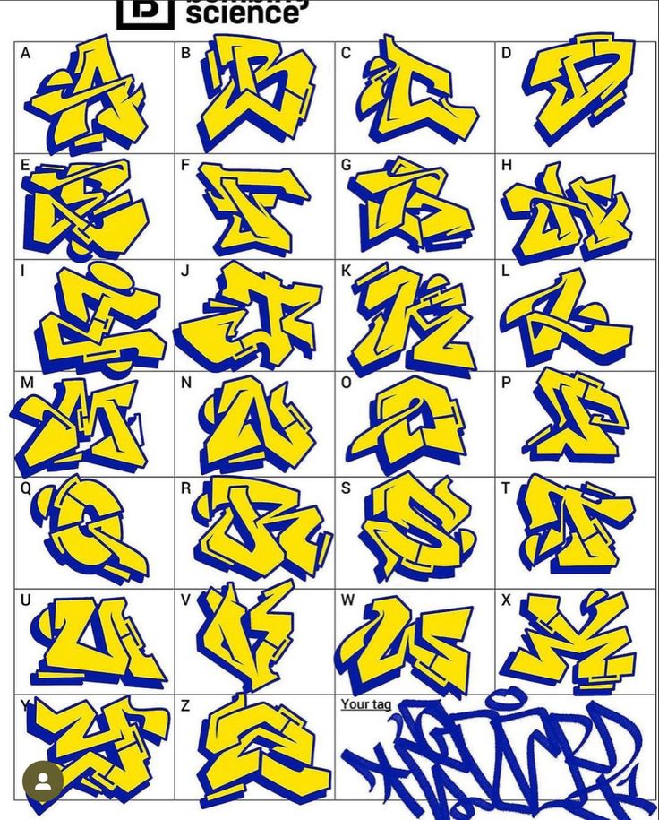 some type of graffiti alphabet with blue and yellow letters on it, all in different sizes