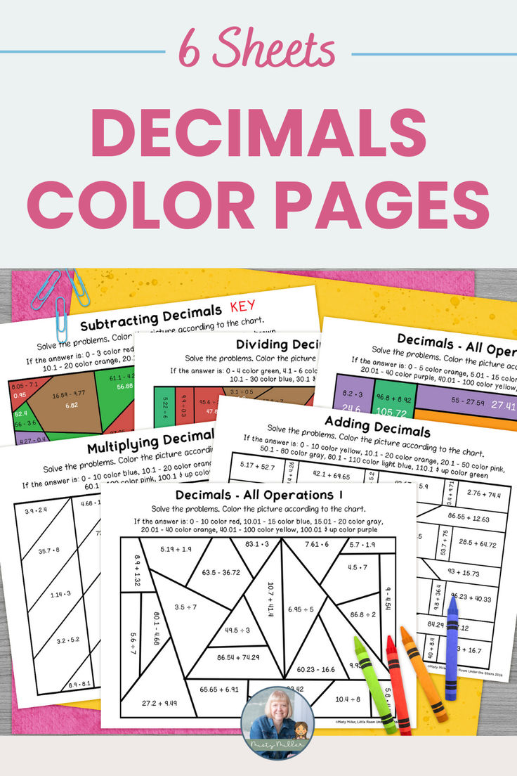 Decimal Operations Color by Number Pages includes 6 color by code sheets with adding decimals, subtracting decimals, multiplying decimals, and dividing decimals. Multiplying And Dividing Decimals, Color By Number Math, Math Coloring Pages, 7th Grade Classroom, Ordering Decimals, Decimals Activity, Adding Decimals, Multiplying Decimals, Color Activity