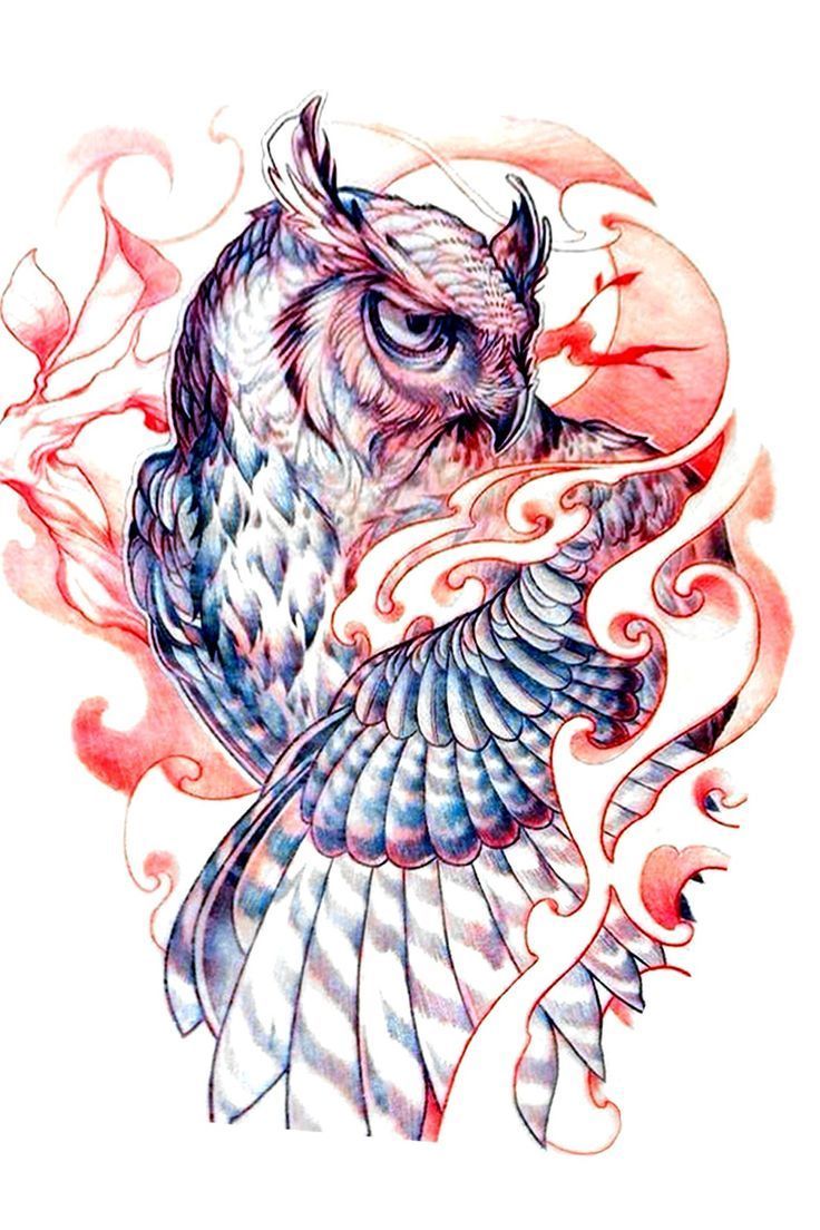 an owl tattoo design on the back of a woman's arm, with red and blue